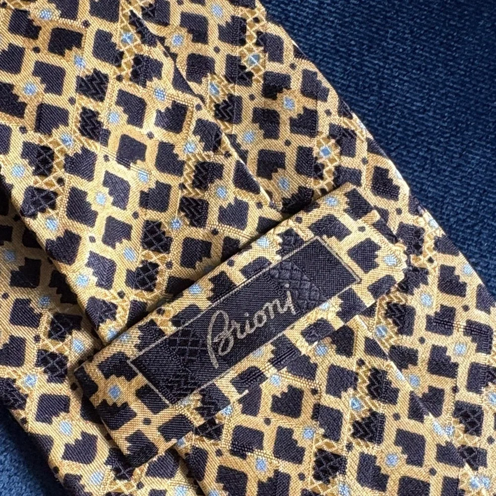 Brioni 100% Silk Hand Made Italian Gold and Black Geometric Tie